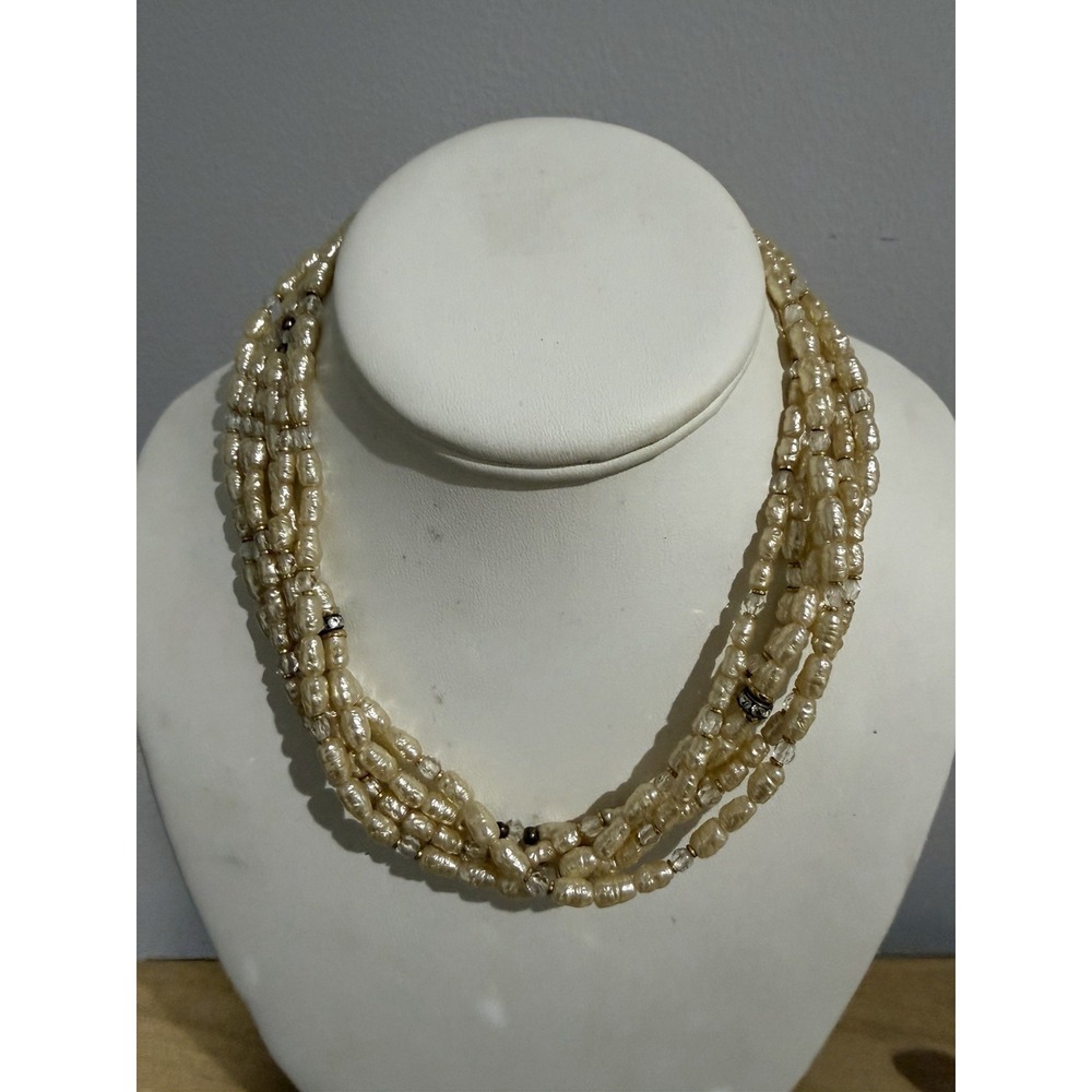 Vintage 6 Strand Pearl Pendant‎ Necklace Gold Tone Clasp Rhinestones 17"
